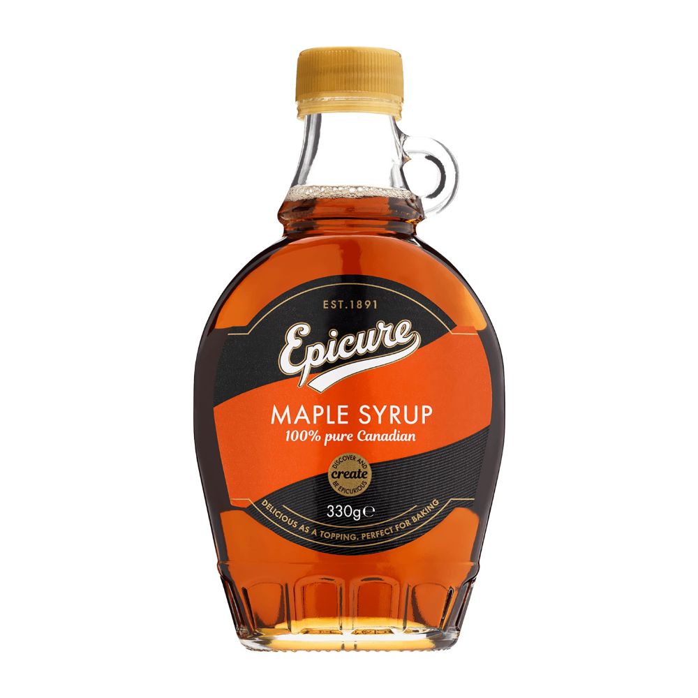 Bottle of Epicure maple syrup on a white background