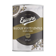Can of Epicure Bijoux Verts Lentils on a white background