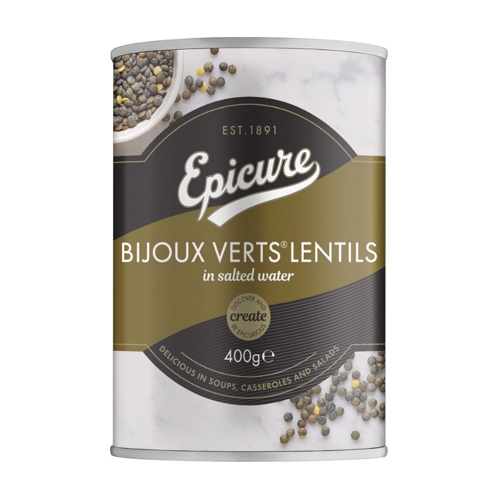 Can of Epicure Bijoux Verts Lentils on a white background