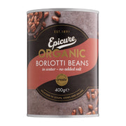 Can of Epicure Organic Borlotti Beans on a white background