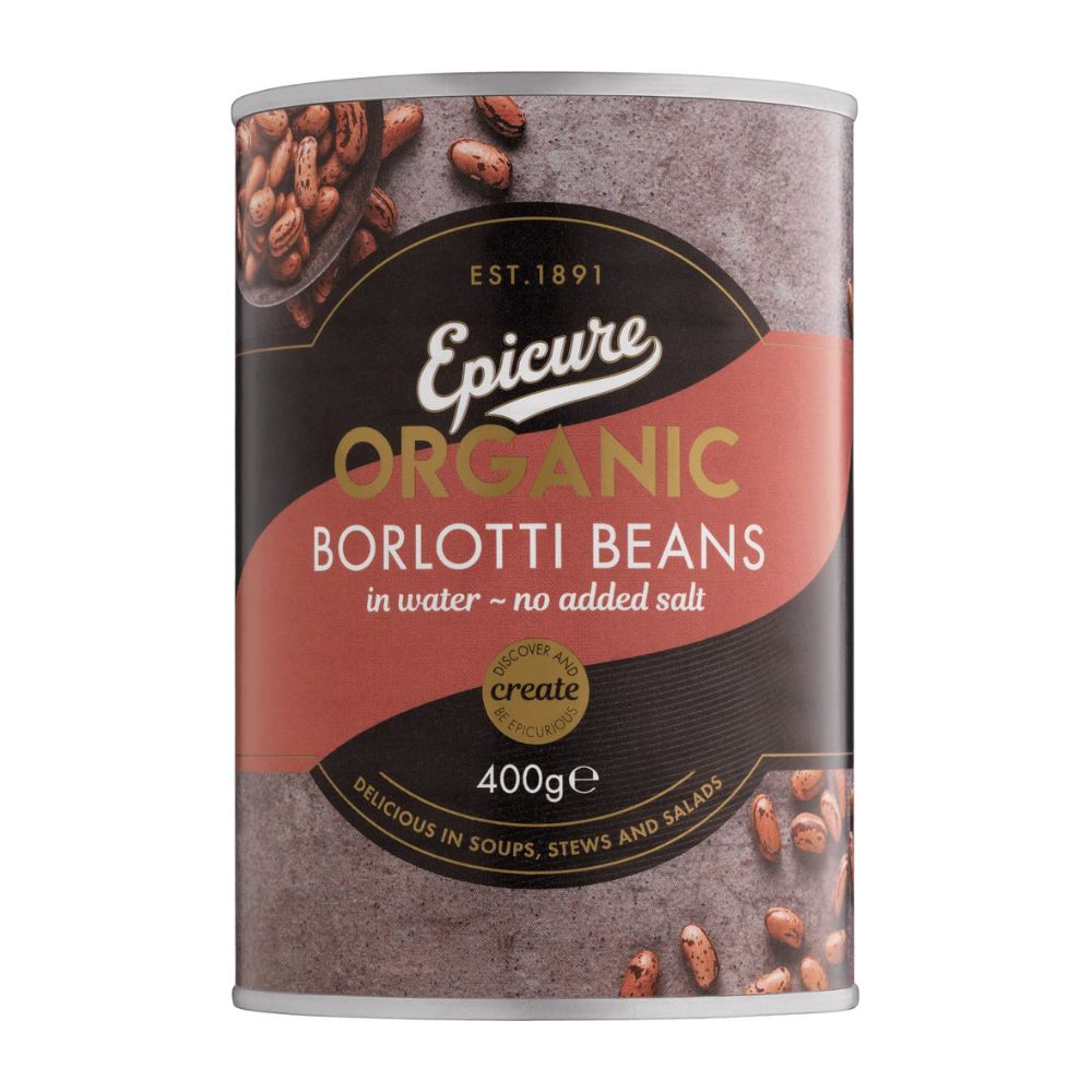 Can of Epicure Organic Borlotti Beans on a white background