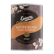 Can of Epicure Organic Butter Beans on a white background