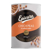 Can of Epicure chickpeas in salted water on a white background