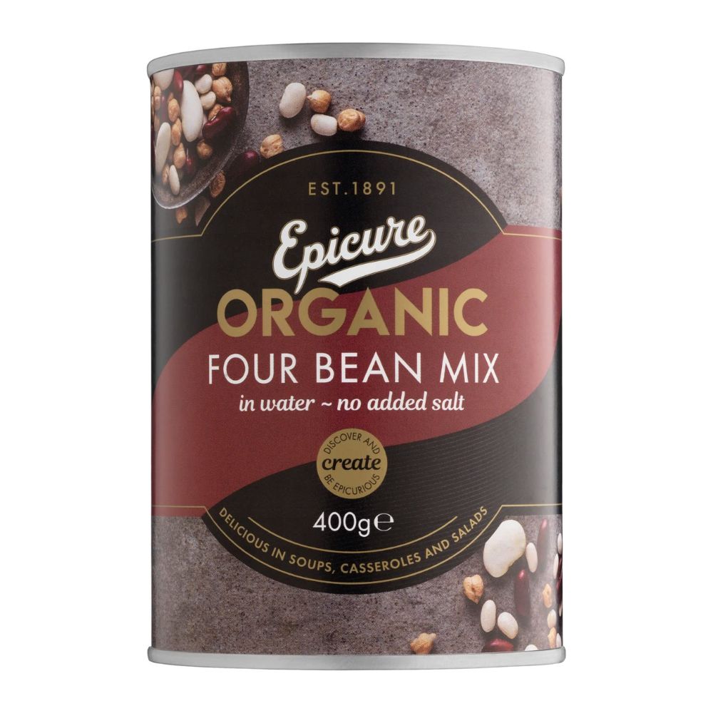 Epicure Organic Four Bean Mix can on a white background