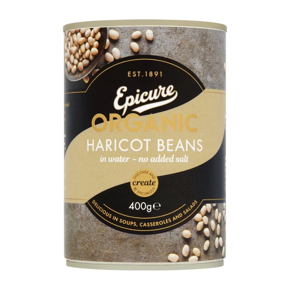 Can of Epicure Organic Haricot Beans on a white background