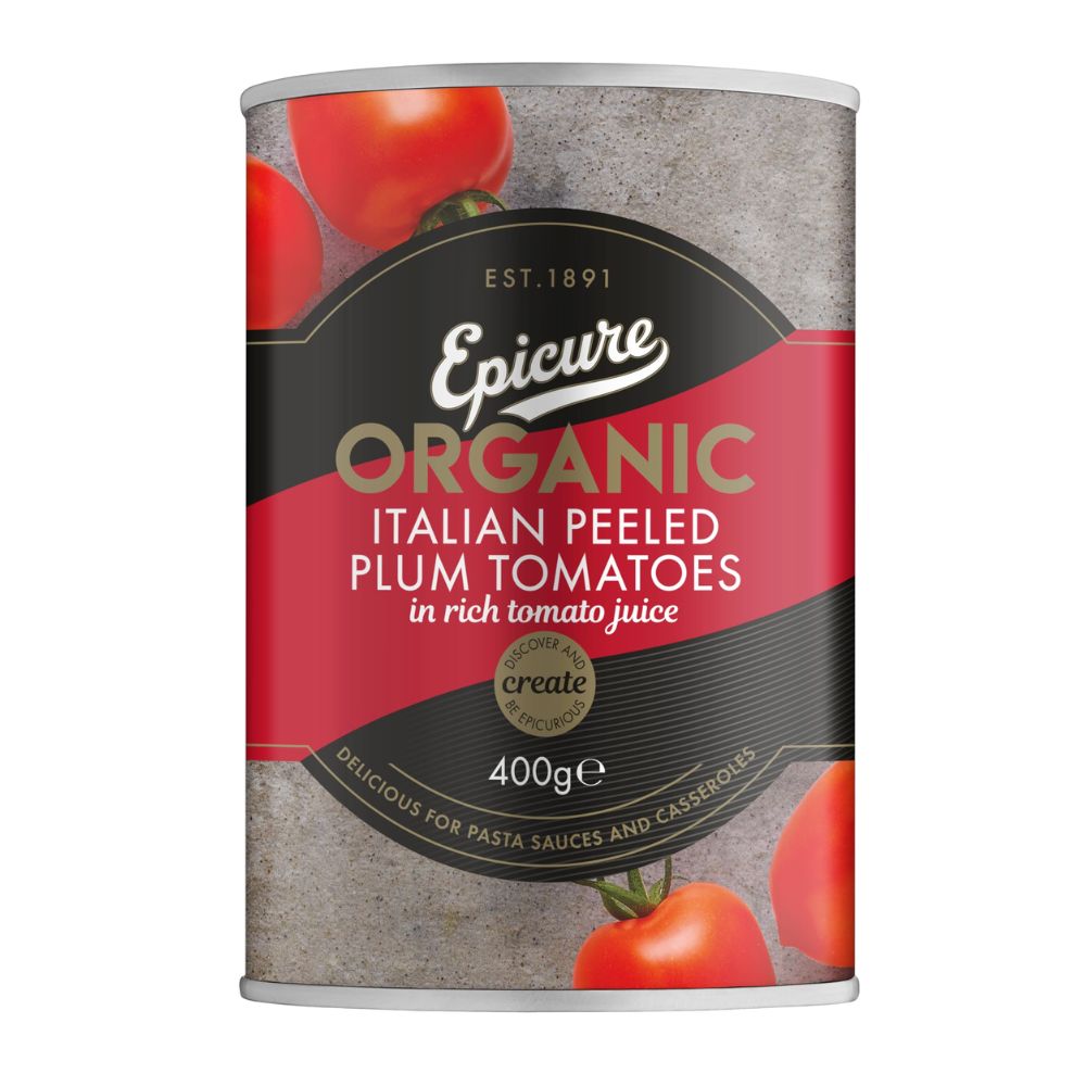 Can of Epicure Organic Italian Peeled Plum Tomatoes on a white background