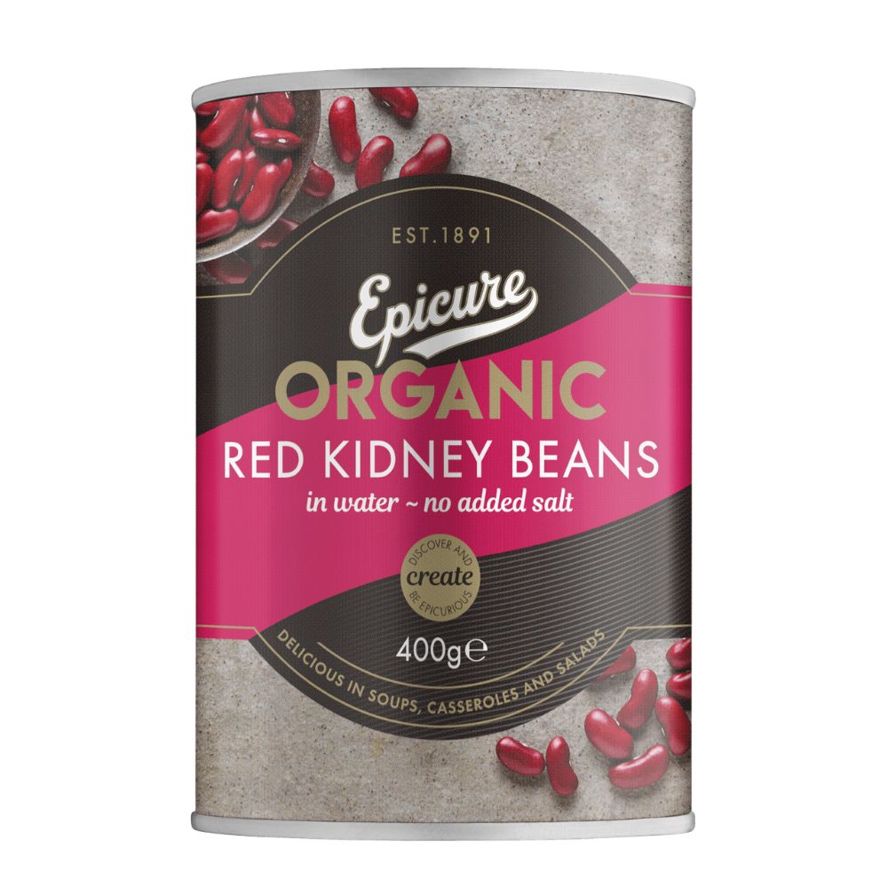 Can of Epicure Organic Red Kidney Beans on a white background