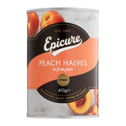Can of Epicure peach halves in fruit juice on a white background