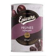 Can of Epicure prunes in fruit juice on a white background