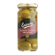 Jar of Epicure Queen Olives stuffed with garlic on a white background
