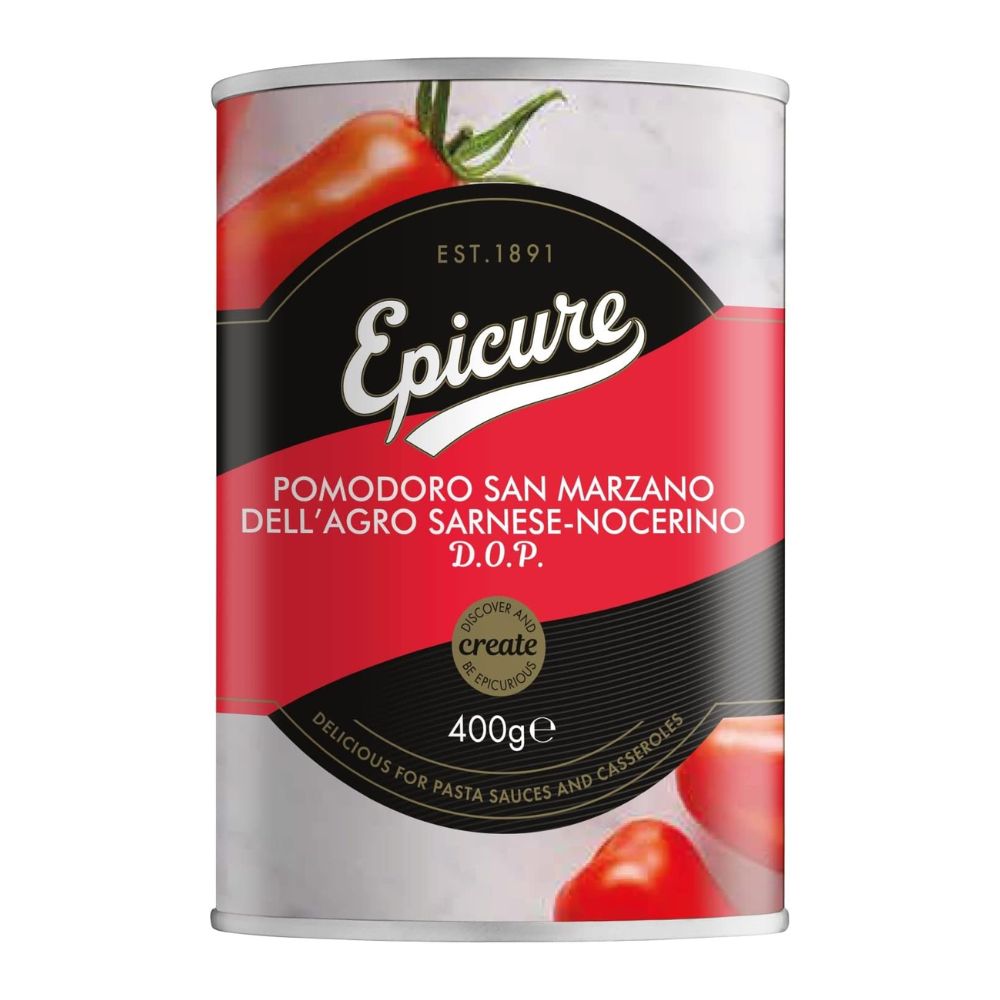 Epicure tomato can with red and black label on a white background