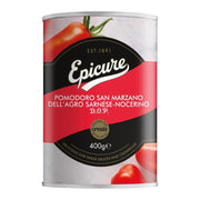 Epicure tomato can with red and black label on a white background