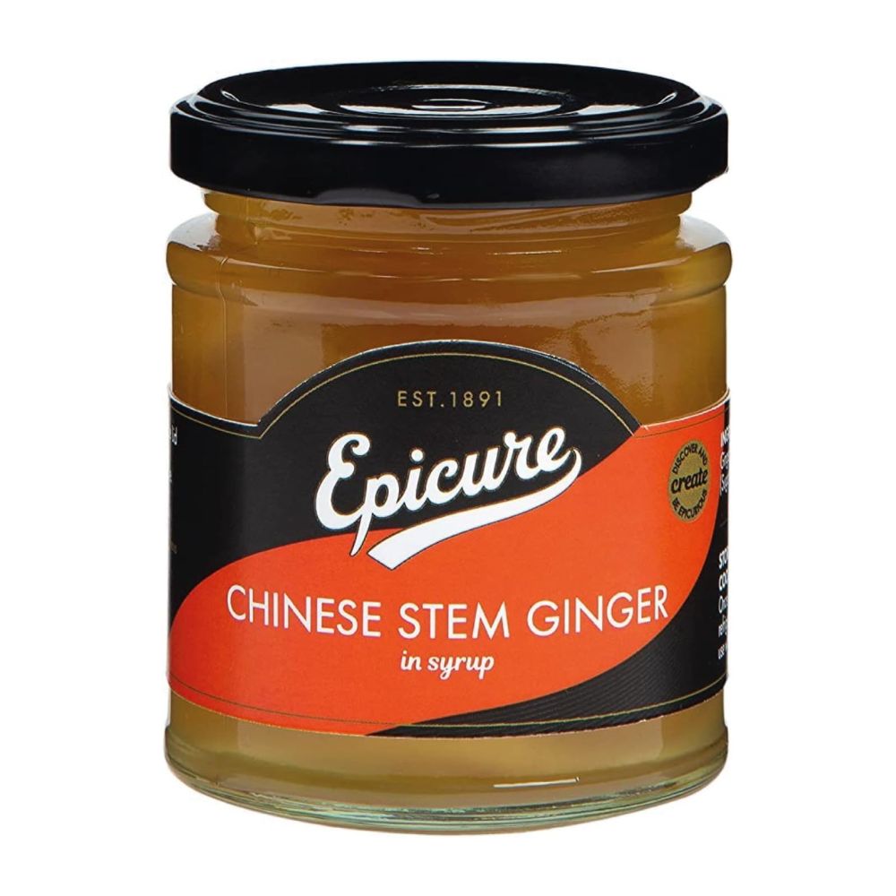 Jar of Epicure Chinese Stem Ginger in syrup on a white background