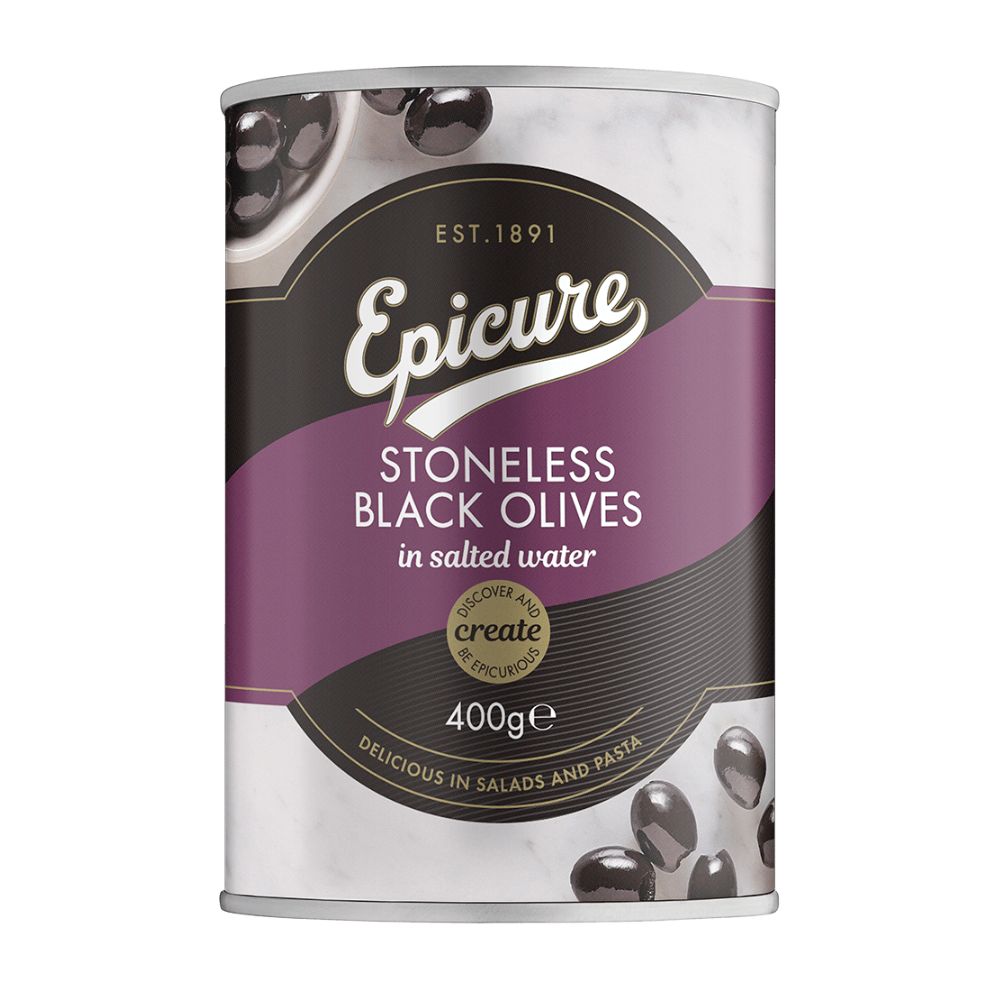 Can of Epicure stoneless black olives on a white background