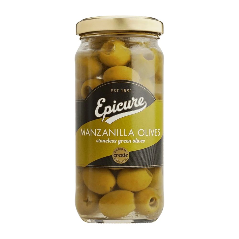 Jar of Epicure Manzanilla Olives on a white background