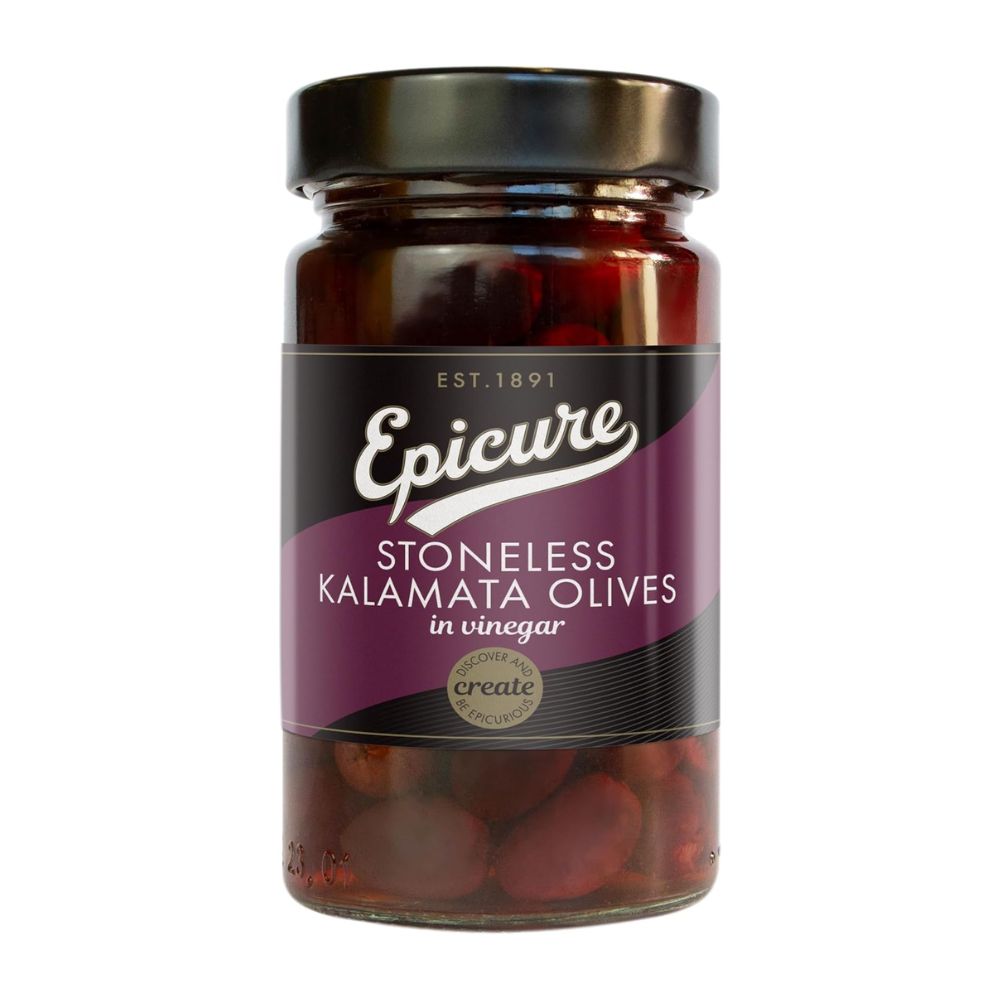 Jar of Epicure Stoneless Kalamata Olives in vinegar on a white background