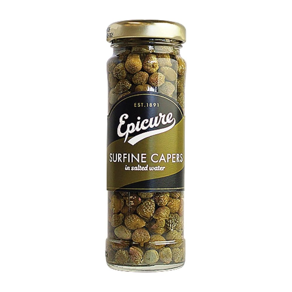 Jar of Epicure Surfine Capers on a white background