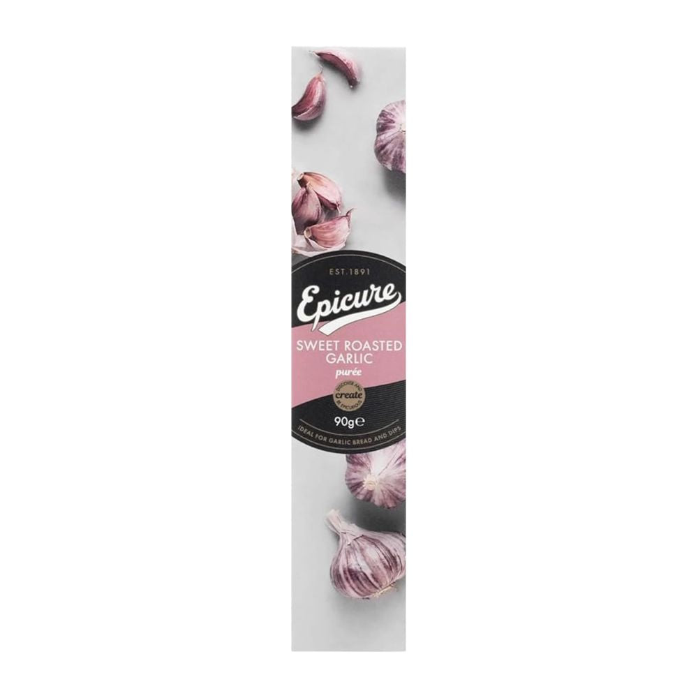 Epicure sweet roasted garlic puree packaging with garlic images on a white background