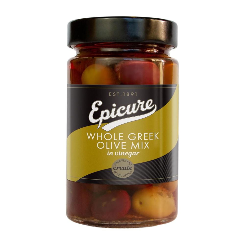 Jar of Epicure Whole Greek Olive Mix on a white background