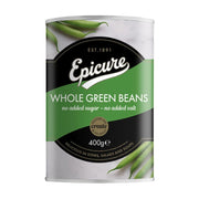Can of Epicure whole green beans on a white background