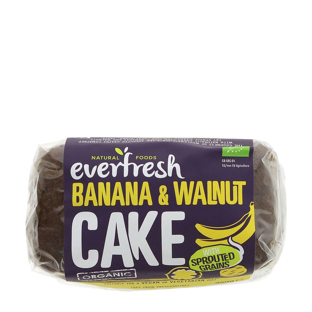 Packaged banana and walnut cake with 'everfresh' branding on a white background