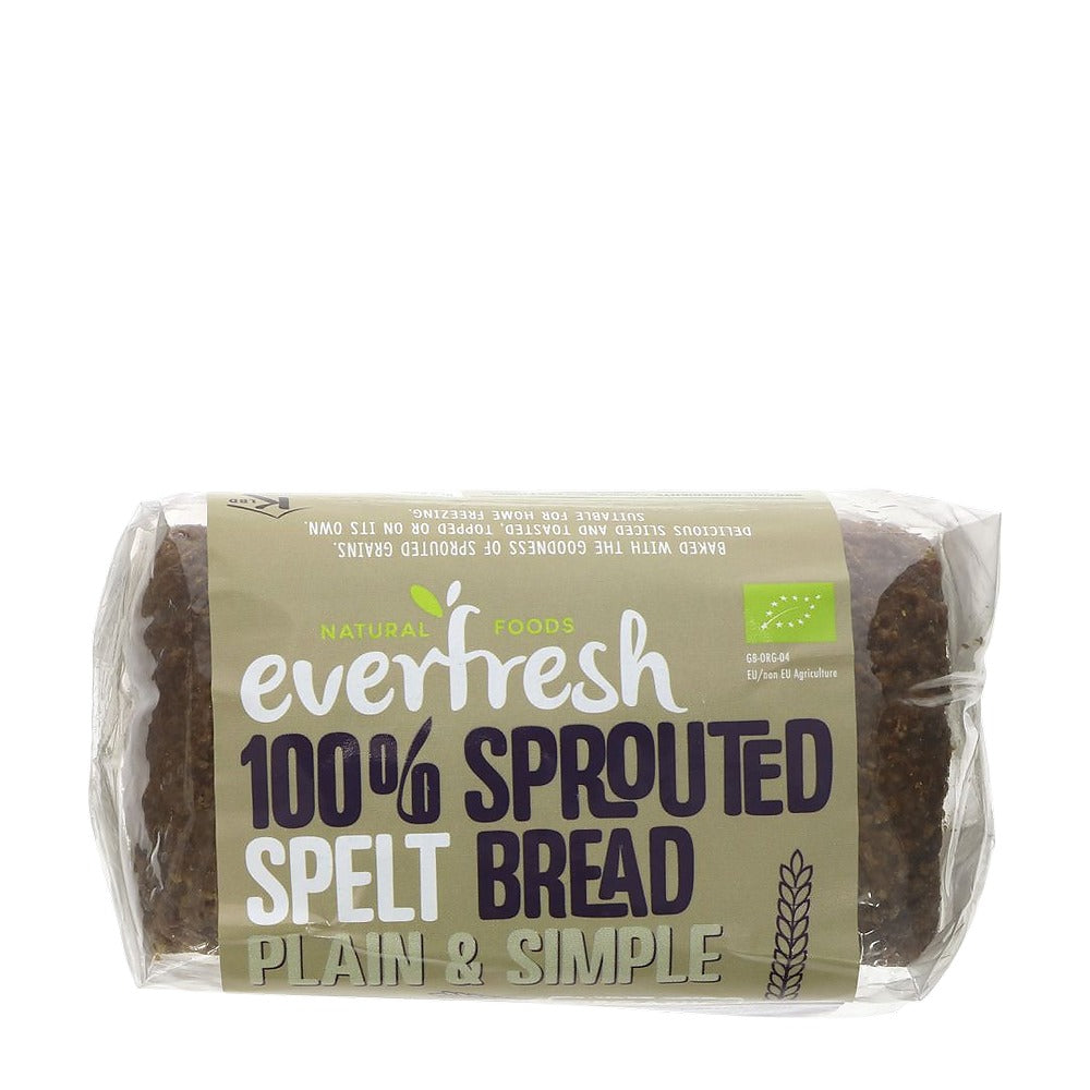 Packaged loaf of 100% sprouted spelt bread with 'everfresh' branding on a white background