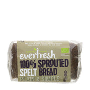 Packaged loaf of 100% sprouted spelt bread with 'everfresh' branding on a white background