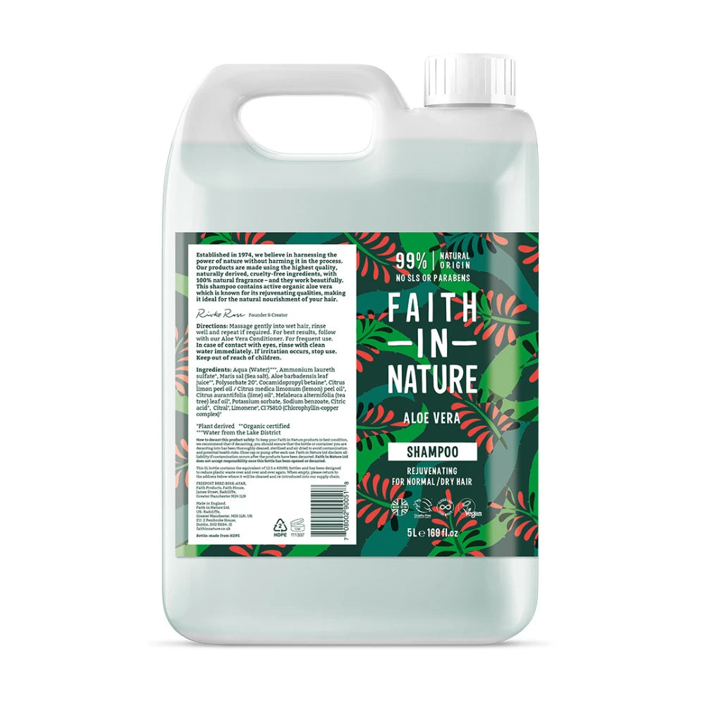 Large bottle of 'Faith in Nature' Aloe Vera shampoo with a green label on a white background
