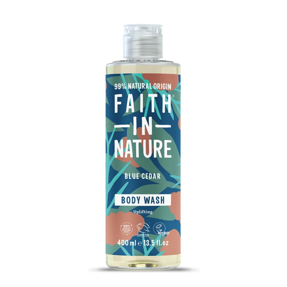 Bottle of Faith in Nature Blue Cedar Body Wash on a white background