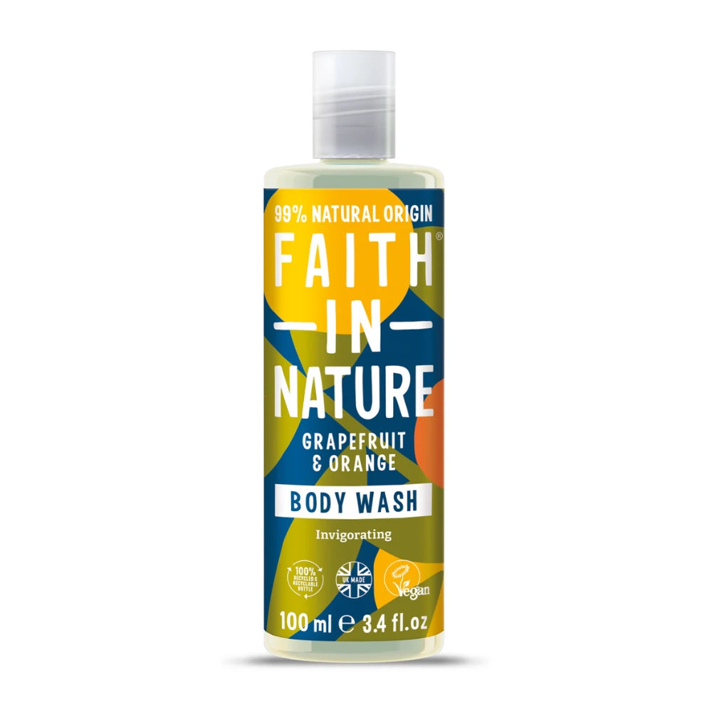 Bottle of Faith in Nature Grapefruit & Orange Body Wash on a white background