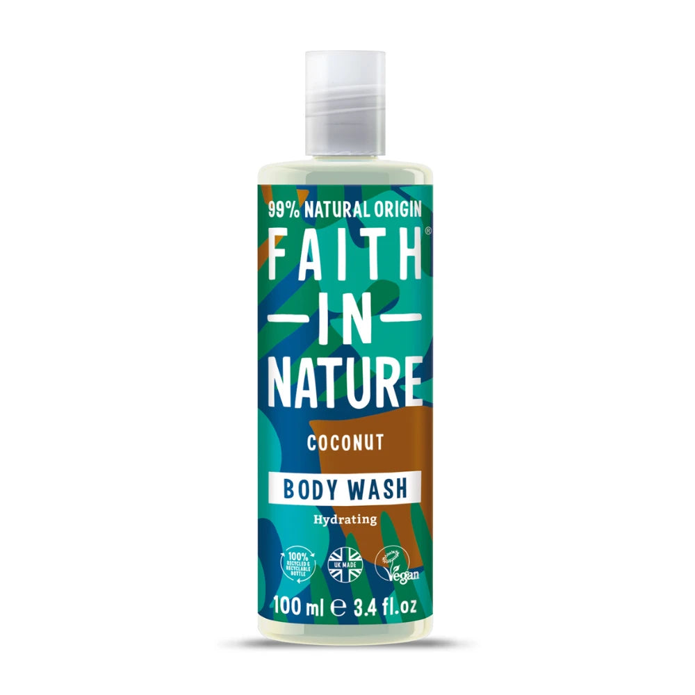 Bottle of Faith in Nature coconut body wash on a white background