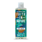 Bottle of Faith In Nature coconut body wash on a white background