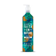 Faith in Nature body wash bottle with tropical design on a white background