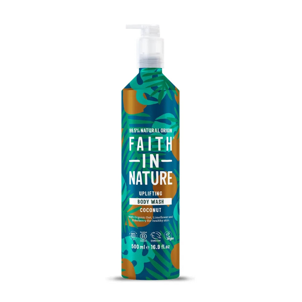 Faith in Nature body wash bottle with tropical design on a white background