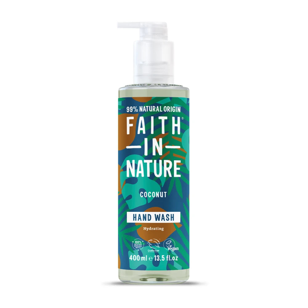 Bottle of Faith In Nature coconut hand wash on a white background