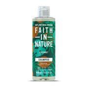 Bottle of Faith in Nature coconut shampoo on a white background