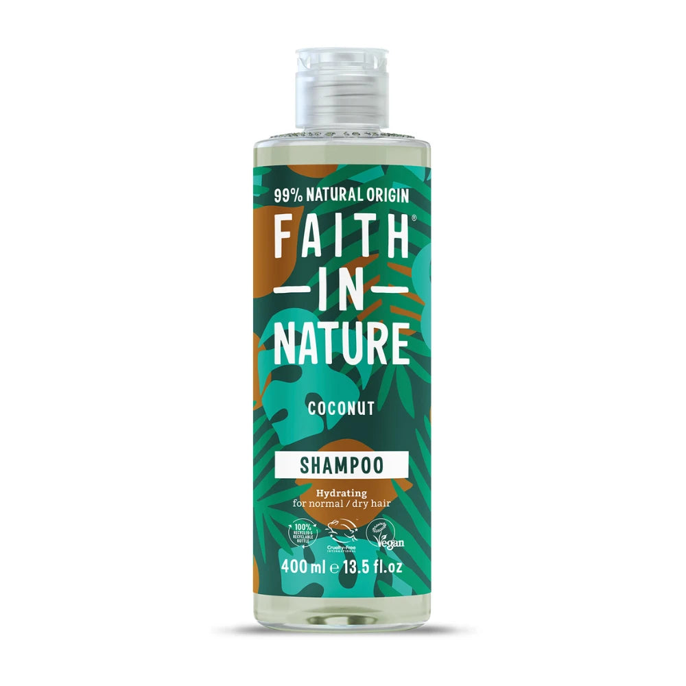 Bottle of Faith in Nature coconut shampoo on a white background