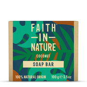 Soap bar packaging with 'Faith in Nature' branding and leaf design on a white background