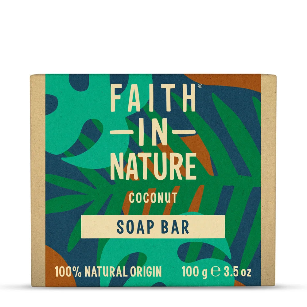Soap bar packaging with 'Faith in Nature' branding and leaf design on a white background