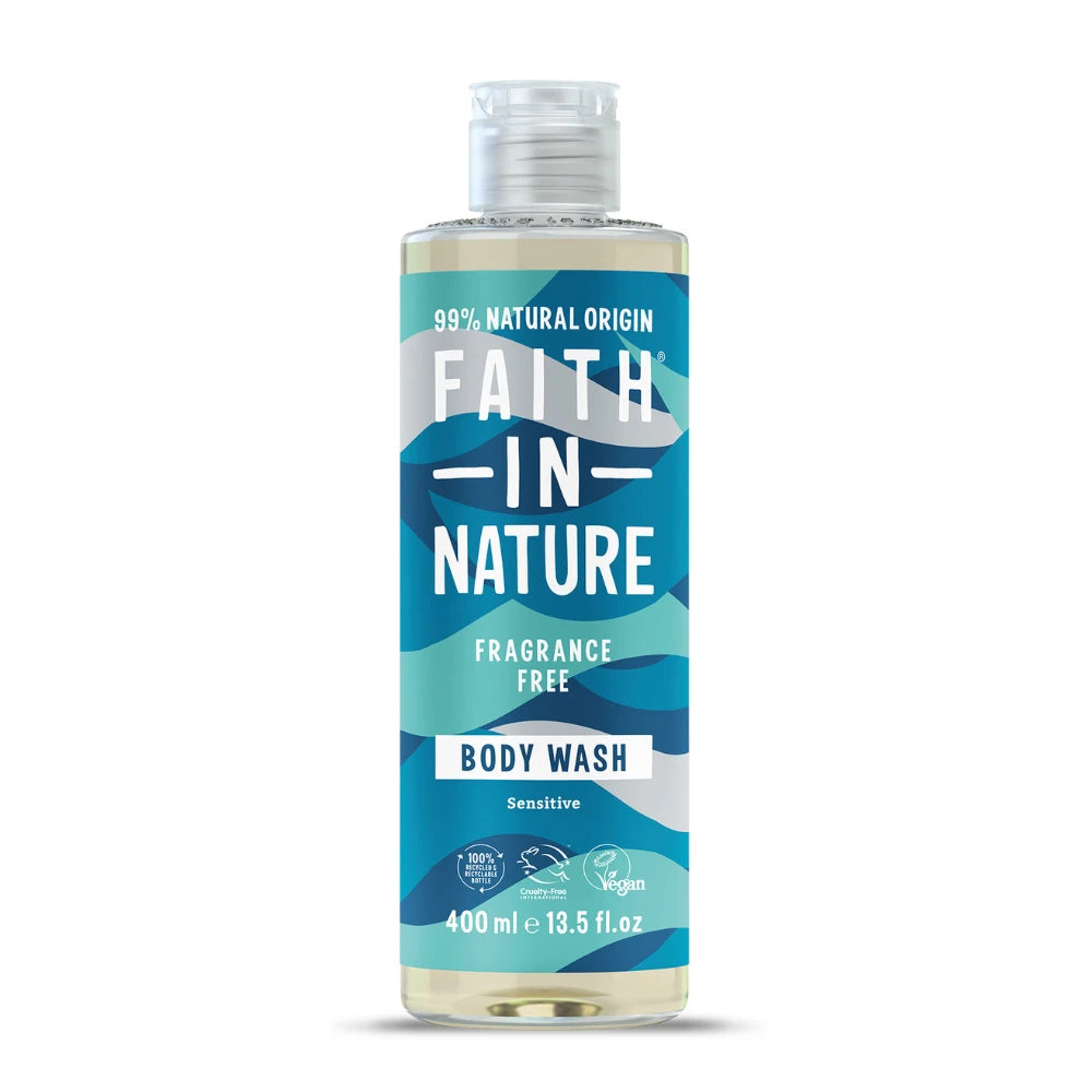 Bottle of Faith in Nature fragrance-free body wash on a white background