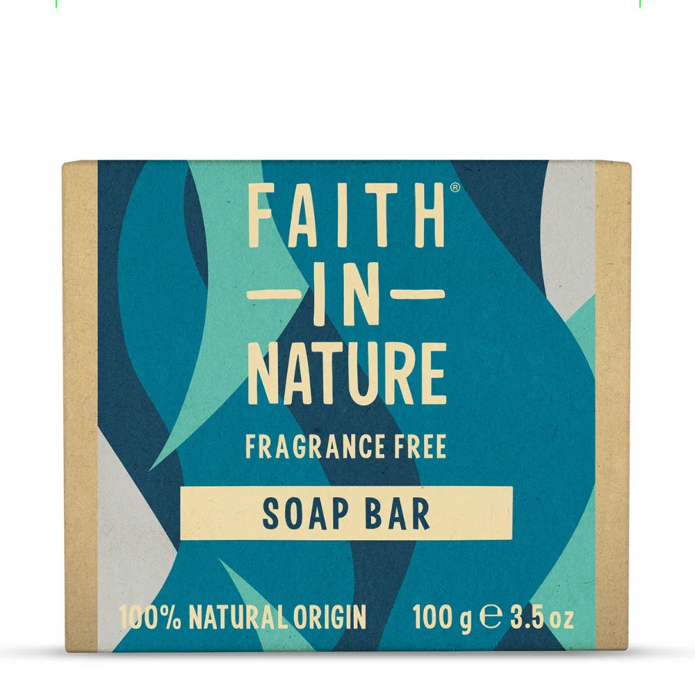 Soap bar packaging with 'Faith in Nature' branding on a white background