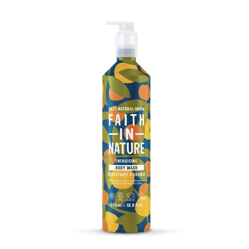 Faith in Nature body wash bottle with colorful design on a white background