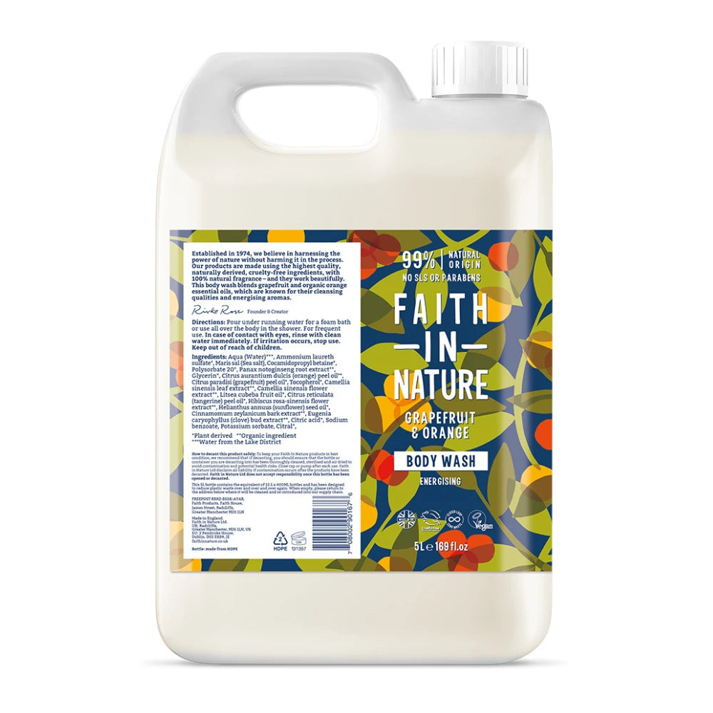 Large bottle of Faith in Nature body wash with colorful label on a white background