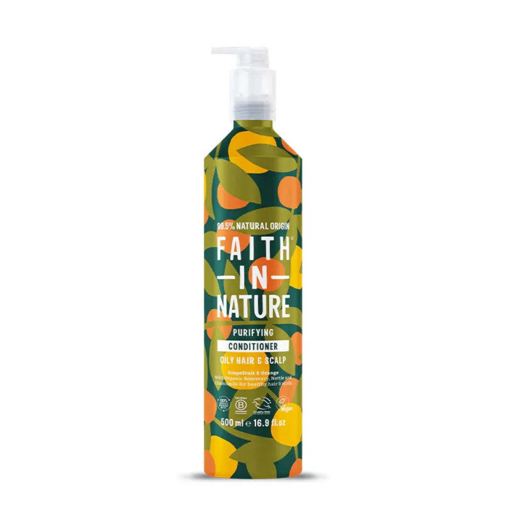 Faith In Nature conditioner bottle with colorful label on a white background
