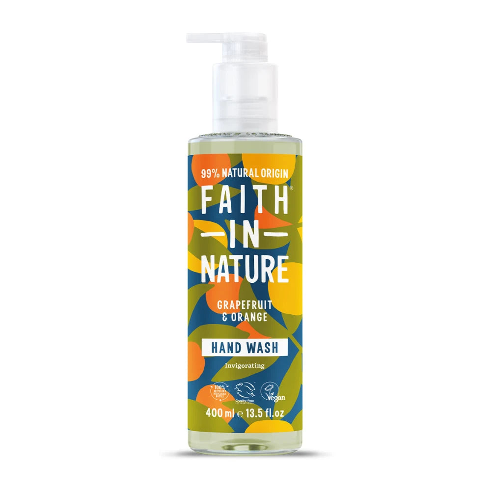 Bottle of Faith In Nature grapefruit and orange hand wash on a white background