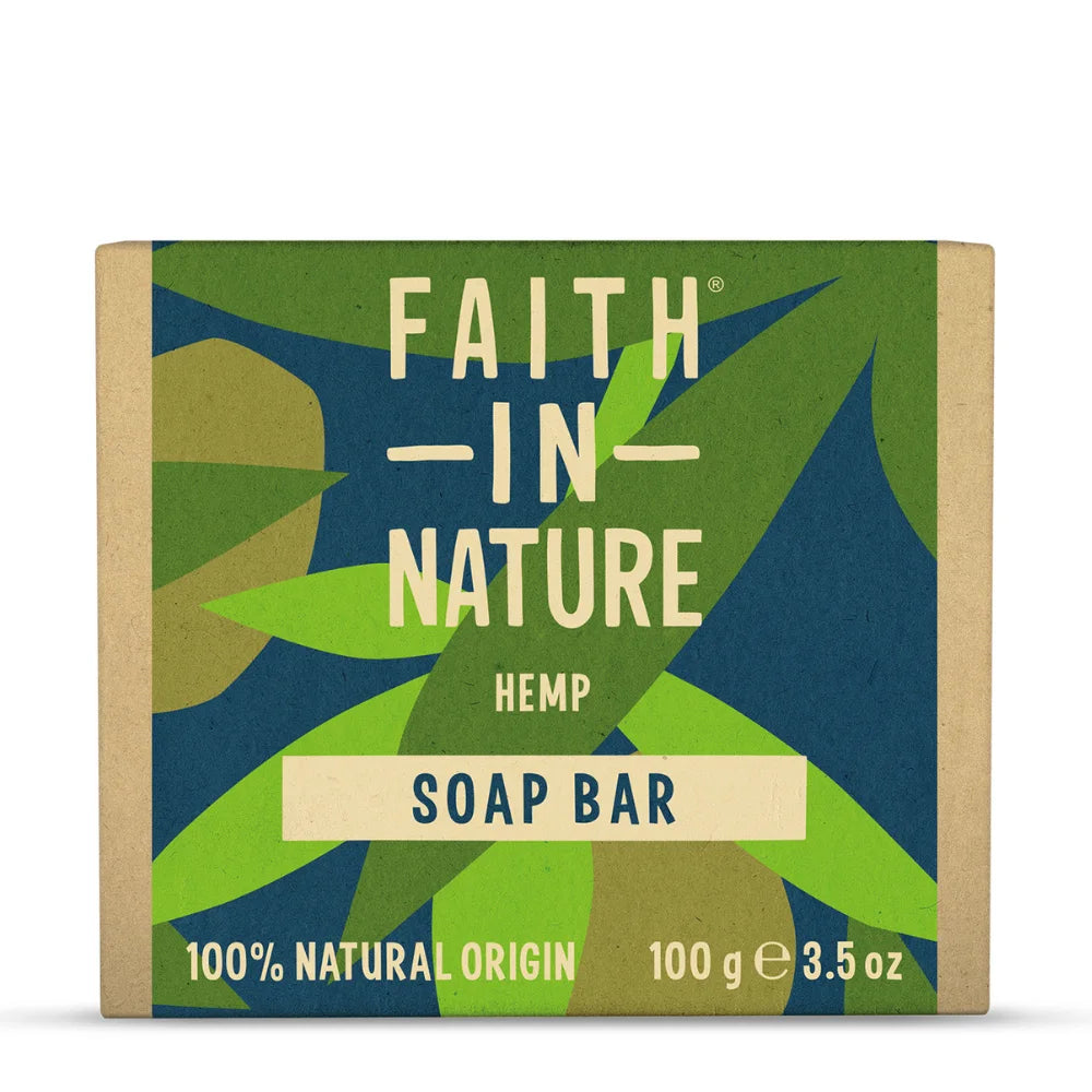Soap bar packaging with 'Faith in Nature' branding and hemp design elements.