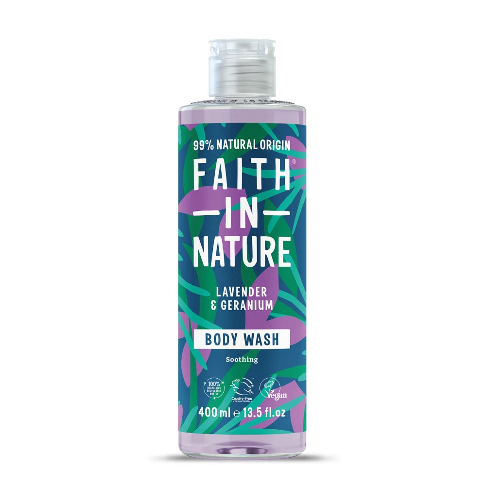 Bottle of Faith In Nature Lavender & Geranium body wash on a white background