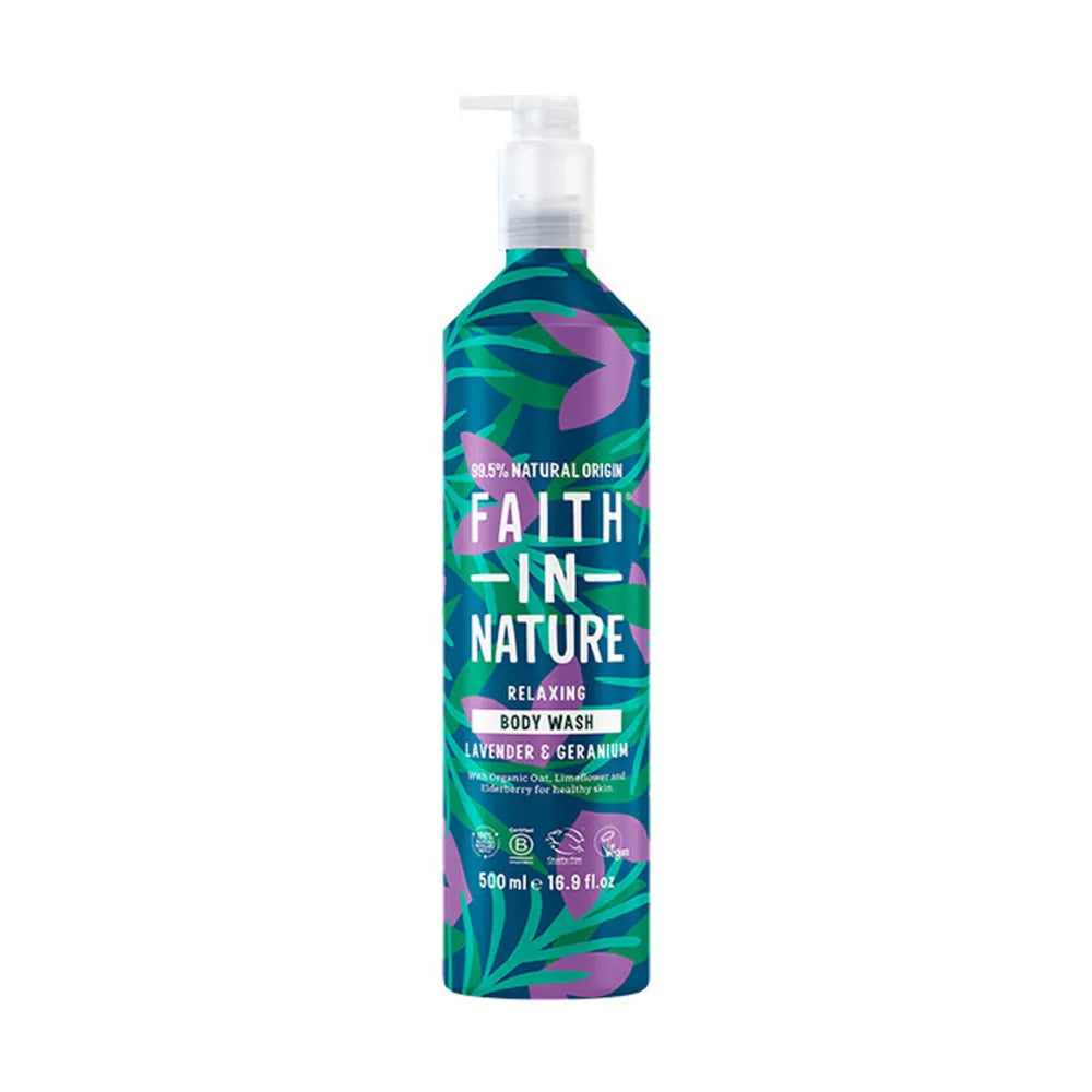 Body wash bottle with tropical leaf design on a white background