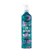 Body wash bottle with tropical leaf design on a white background