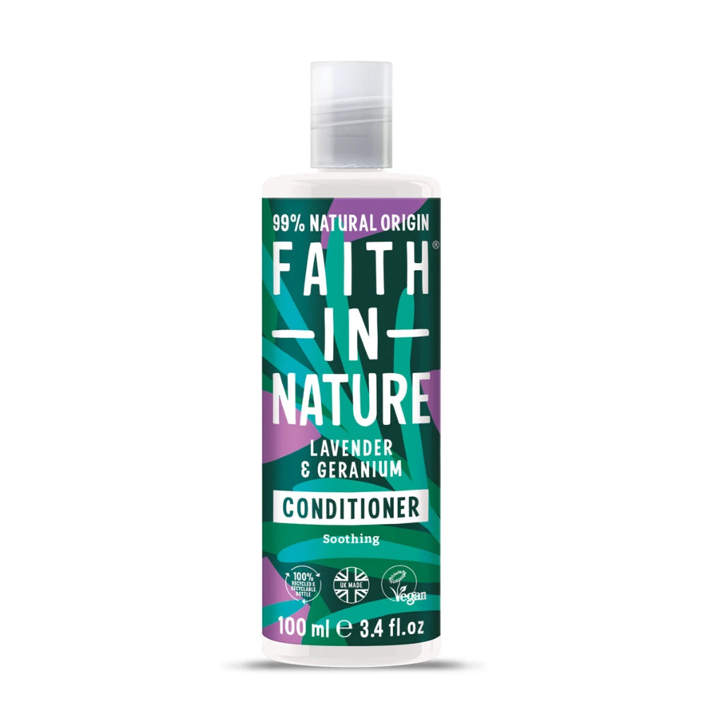 Bottle of Faith in Nature Lavender & Geranium Conditioner on a white background